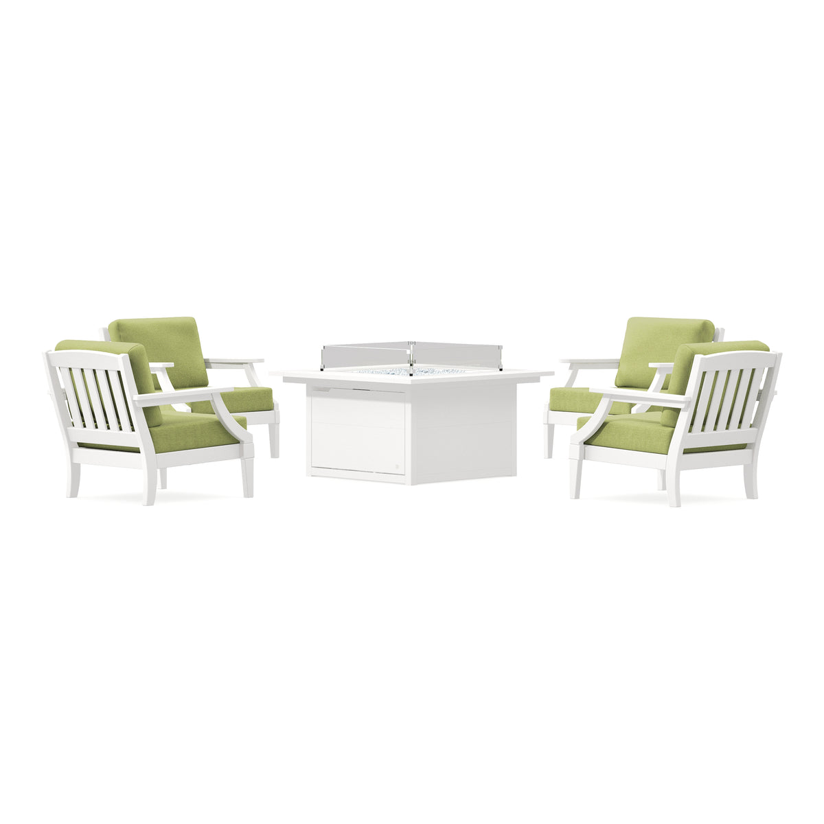 POLYWOOD PW Designer Series Estate 5-Piece Lounge Fire Table Set in Vintage White / Chartreuse Boucle