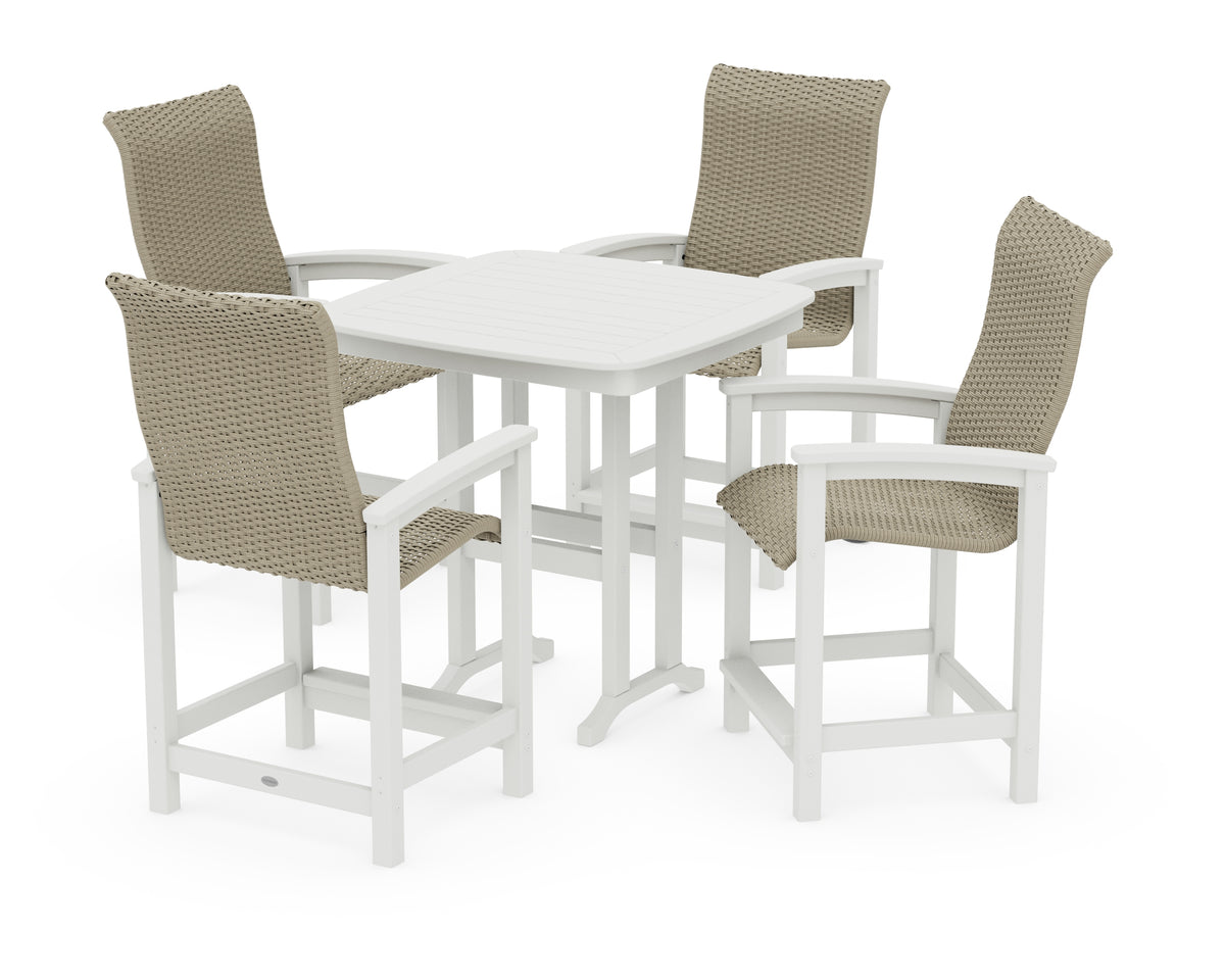 POLYWOOD Coastal Woven High-Back 5-Piece Counter Set in Vintage White / Dune Grass