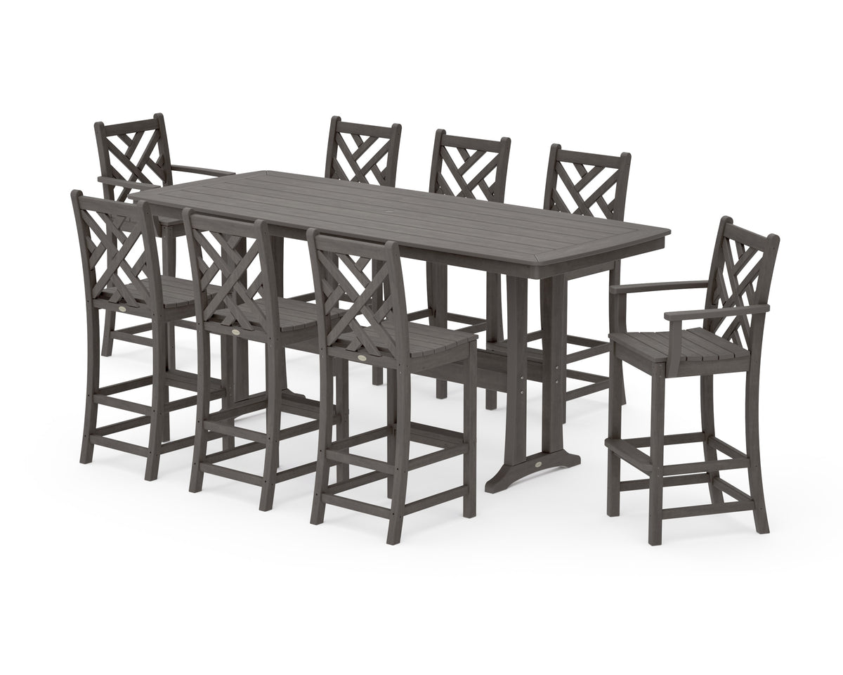 POLYWOOD Chippendale 9-Piece Bar Set with Trestle Legs in Driftwood