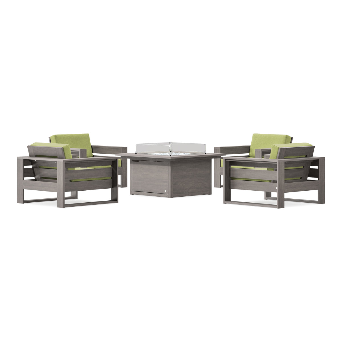 POLYWOOD PW Designer Series Latitude 5-Piece Lounge Fire Table Set in Driftwood / Chartreuse Boucle