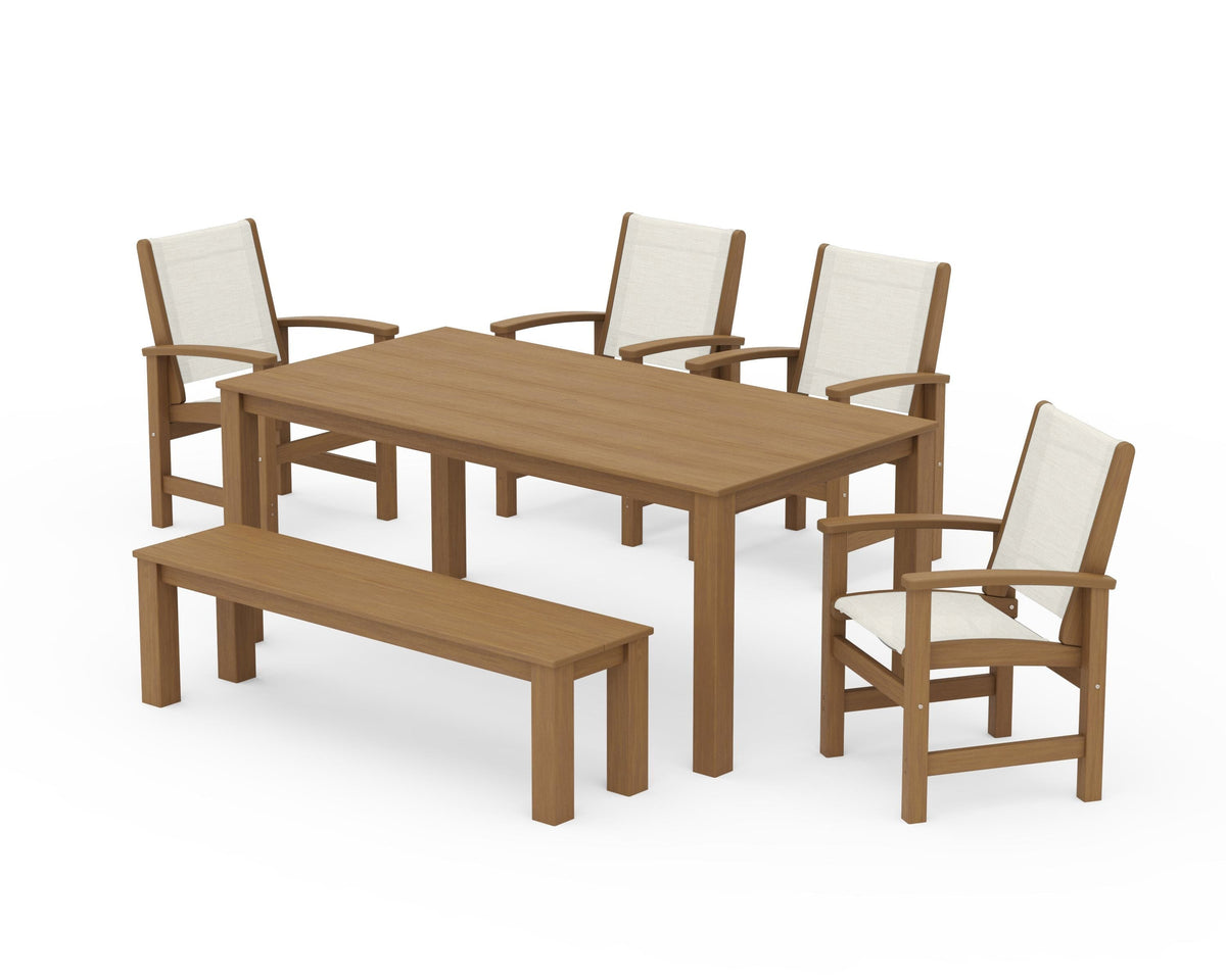 POLYWOOD Coastal 6-Piece Parsons Dining Set with Bench in Natural / Parchment