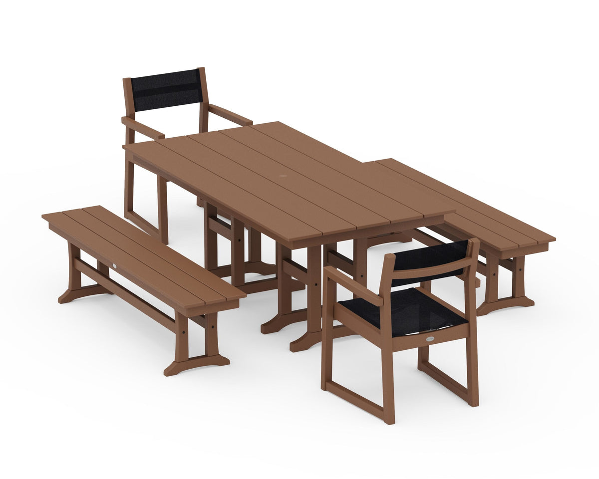 POLYWOOD EDGE Sling Arm Chair 5-Piece Farmhouse Dining Set with Benches in Teak / Black