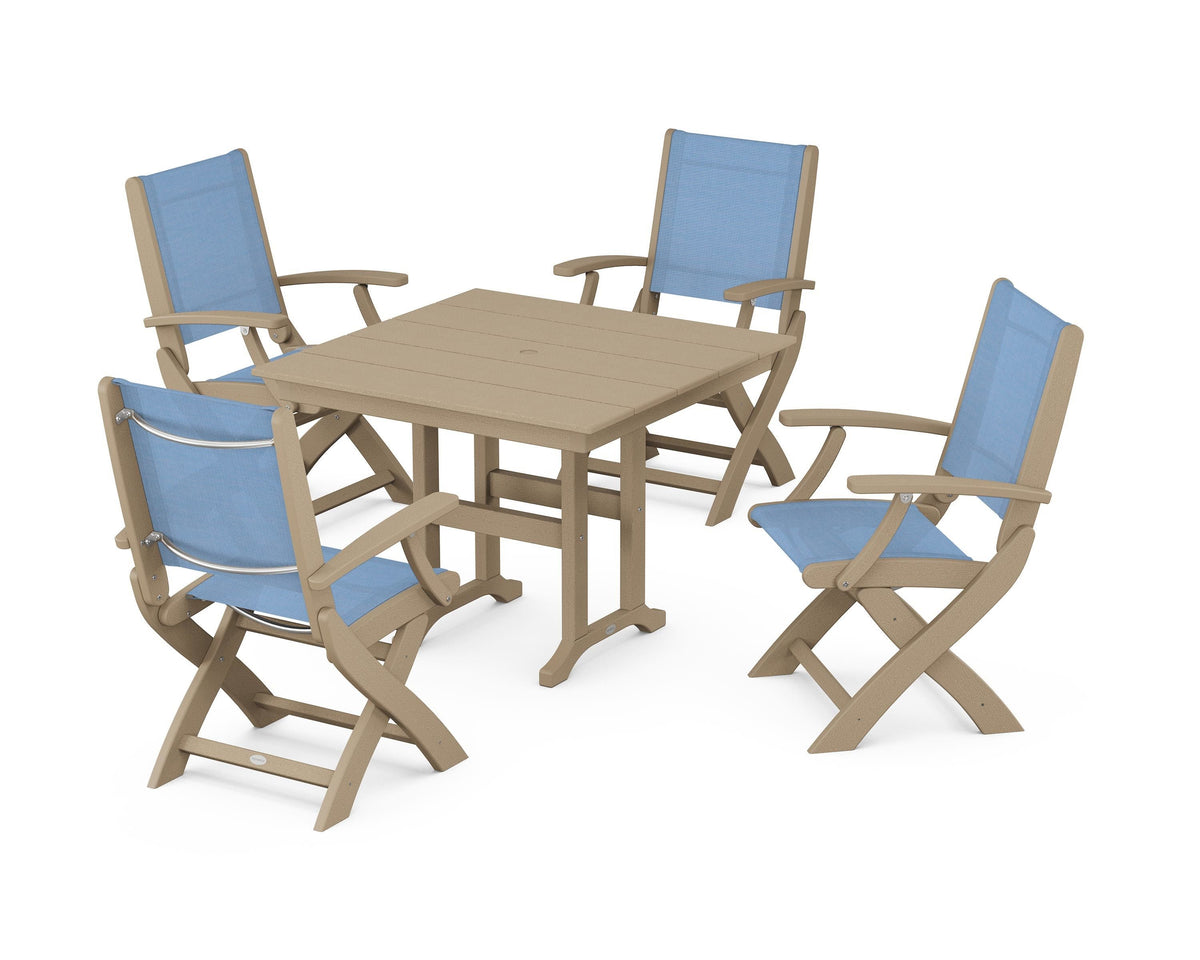 POLYWOOD Coastal Folding Chair 5-Piece Farmhouse Dining Set in Vintage Sahara / Poolside
