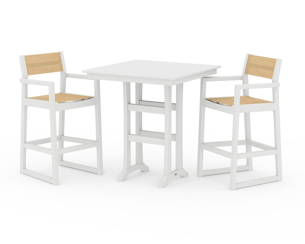 POLYWOOD EDGE Sling Arm Chair 3-Piece Farmhouse Bar Set with Trestle Legs in White / Dupioni Apricot