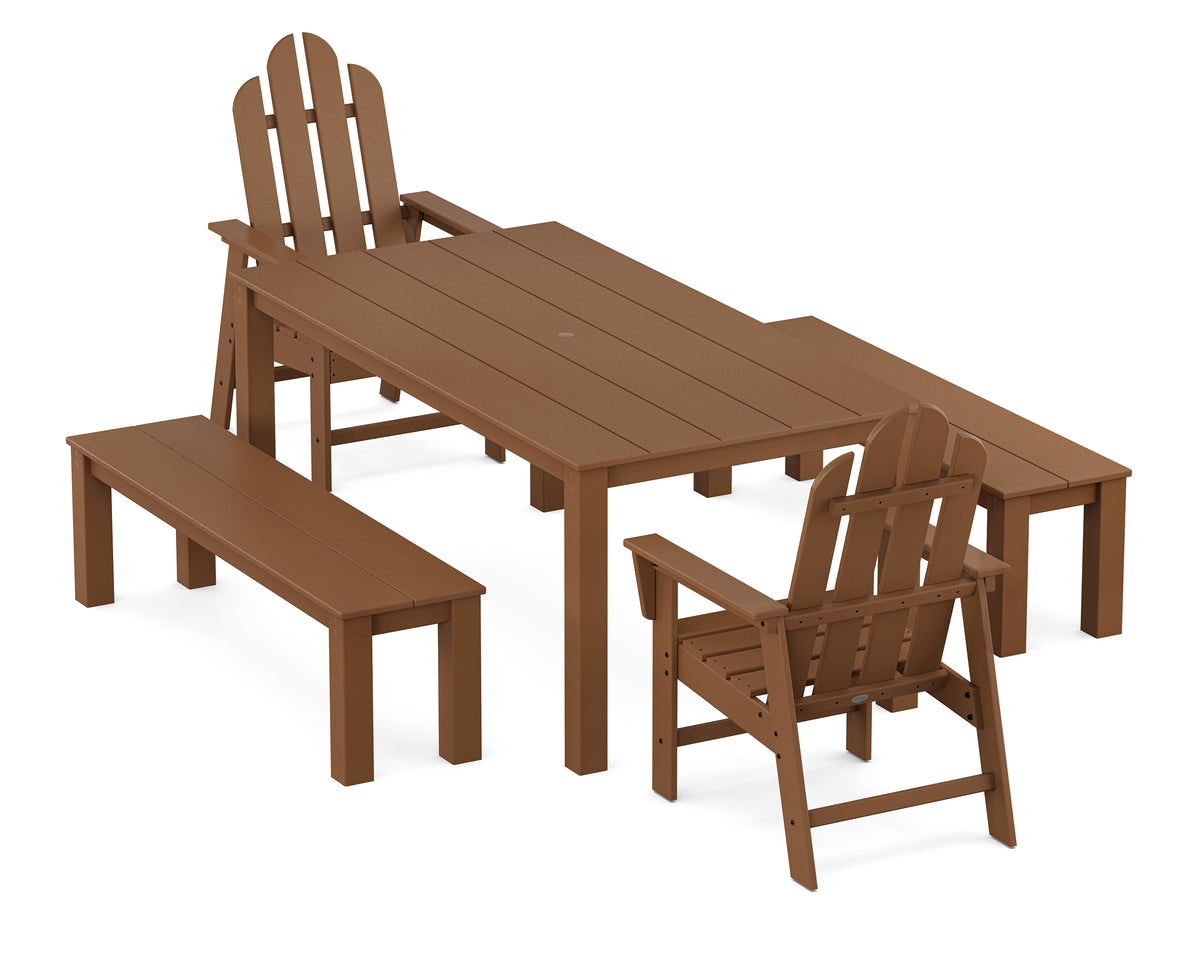 POLYWOOD Long Island 5-Piece Parsons Dining Set with Benches in Teak