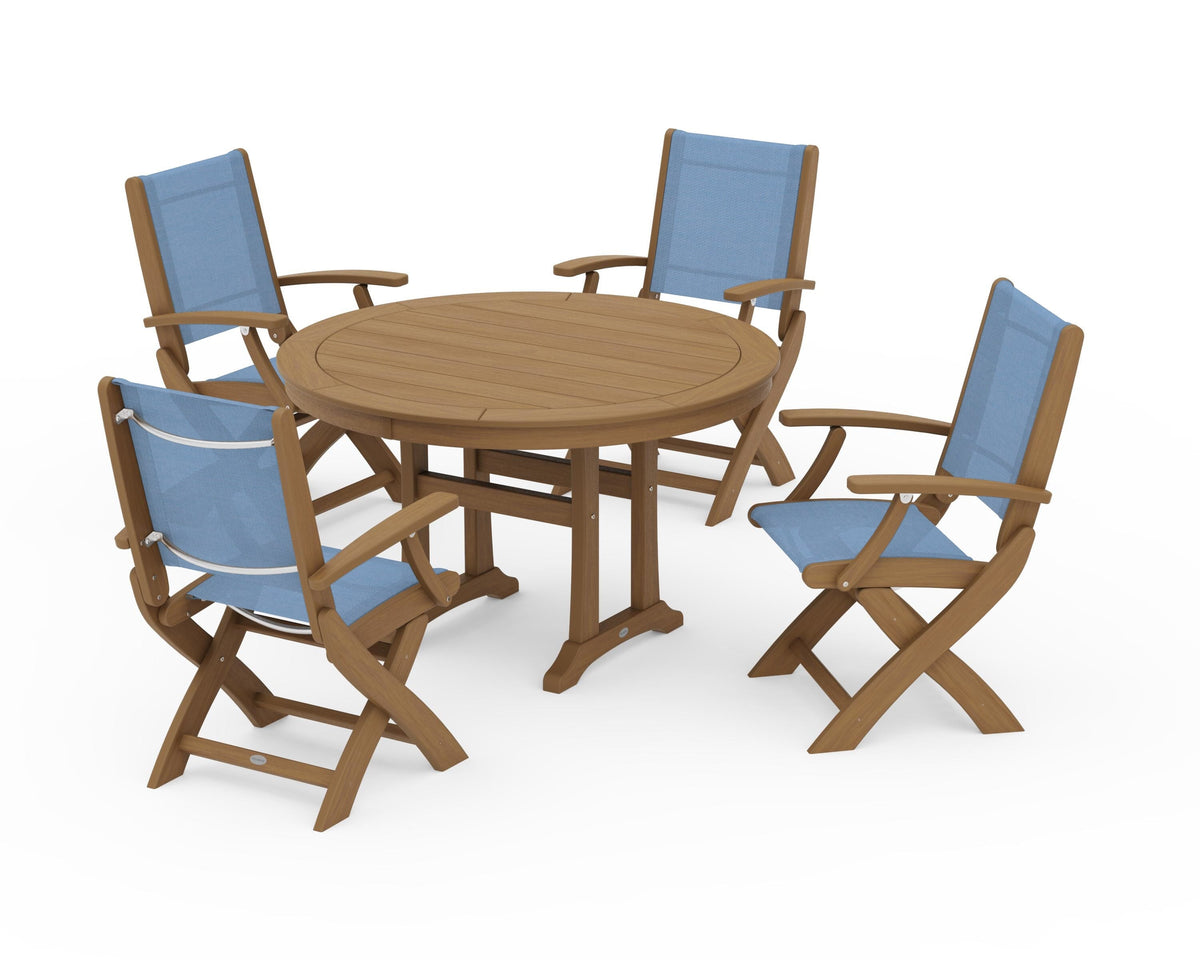 POLYWOOD Coastal Folding Chair 5-Piece Round Dining Set with Trestle Legs in Natural / Poolside