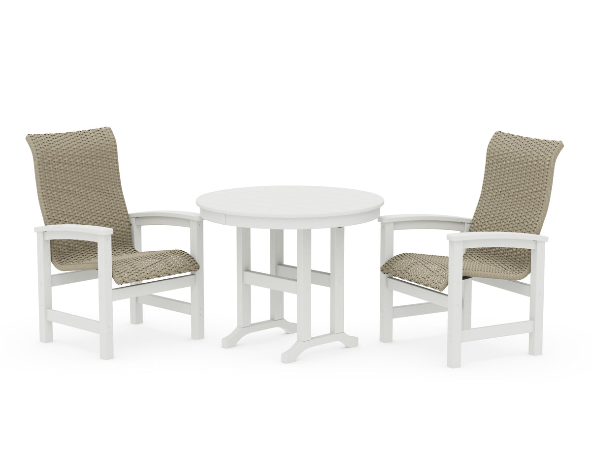 POLYWOOD Coastal Woven High-Back 3-Piece Farmhouse Dining Set in Vintage White / Dune Grass