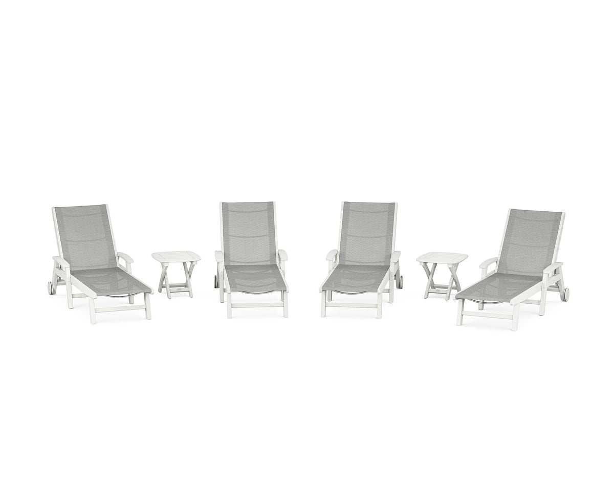 POLYWOOD Coastal Chaise 6-Piece Set with Wheels in Vintage White / Metallic