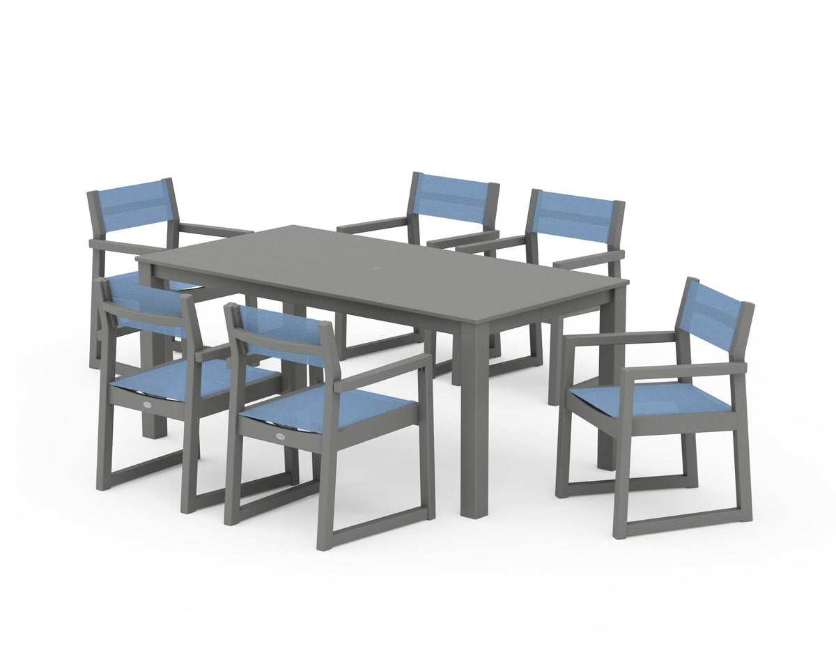 POLYWOOD EDGE Sling Arm Chair 7-Piece Parsons Dining Set in Slate Grey / Poolside