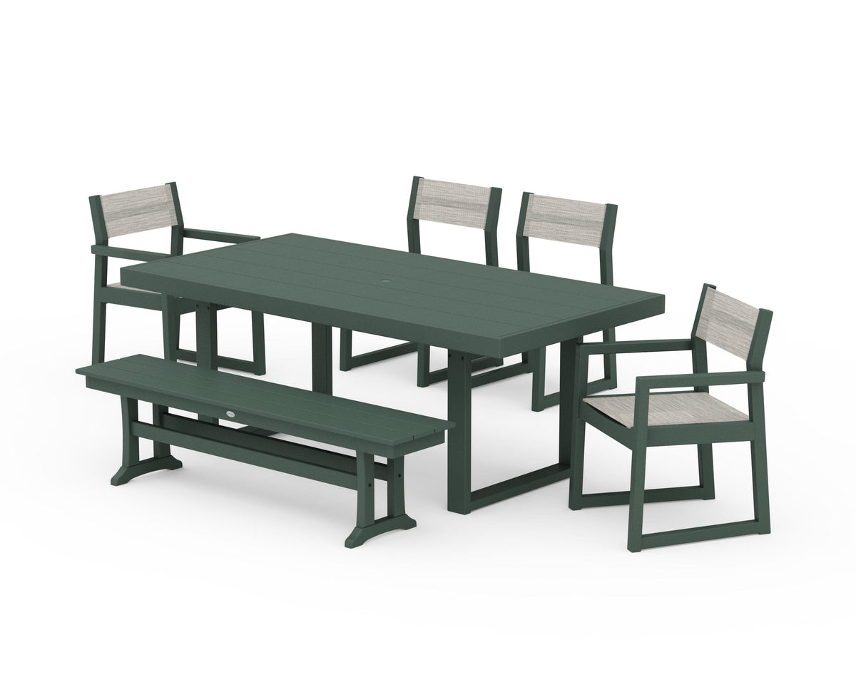 POLYWOOD EDGE Sling 6-Piece Dining Set with Bench in Green / Birch