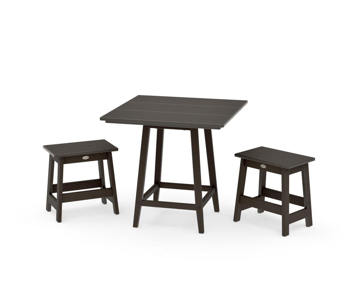 POLYWOOD Modern Studio Stool 3-Piece Square Bistro Set in Vintage Coffee