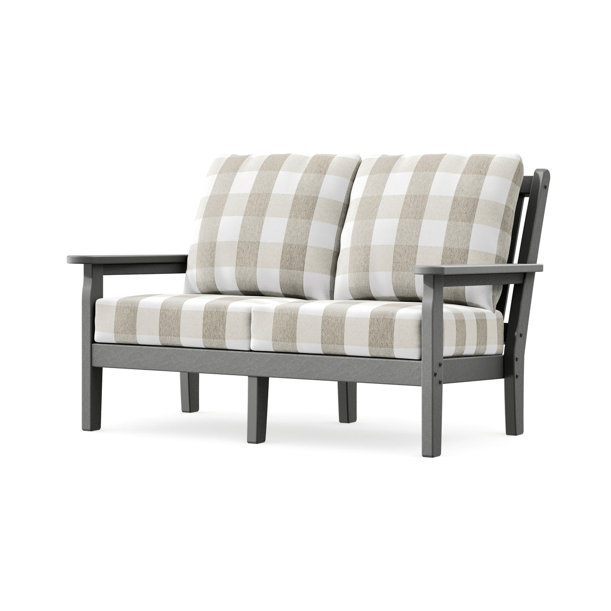 POLYWOOD Chippendale Deep Seating Loveseat in Slate Grey / Buffalo Plaid Dune Burlap