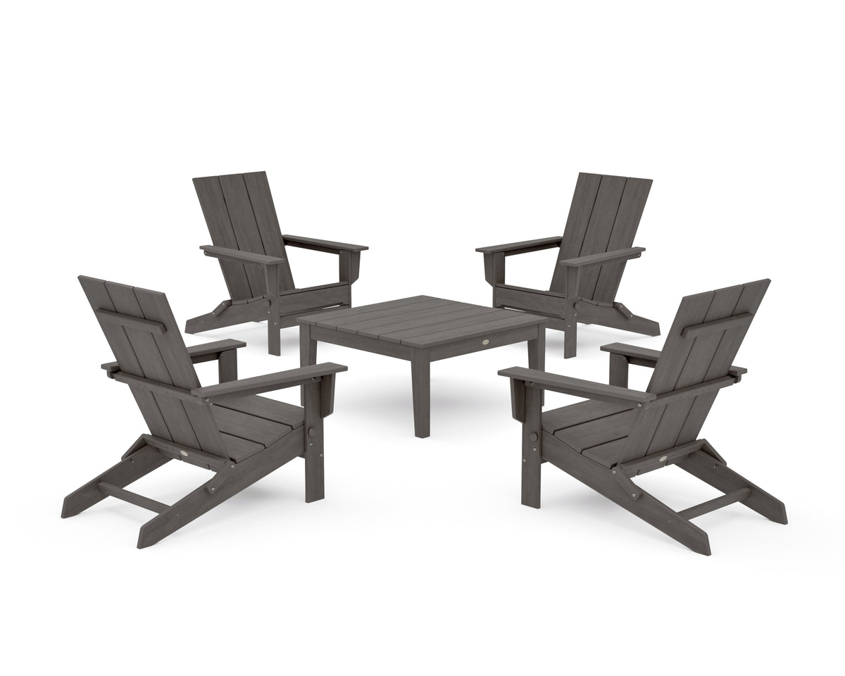 POLYWOOD 5-Piece Modern Studio Folding Adirondack Chair Conversation Group in Driftwood