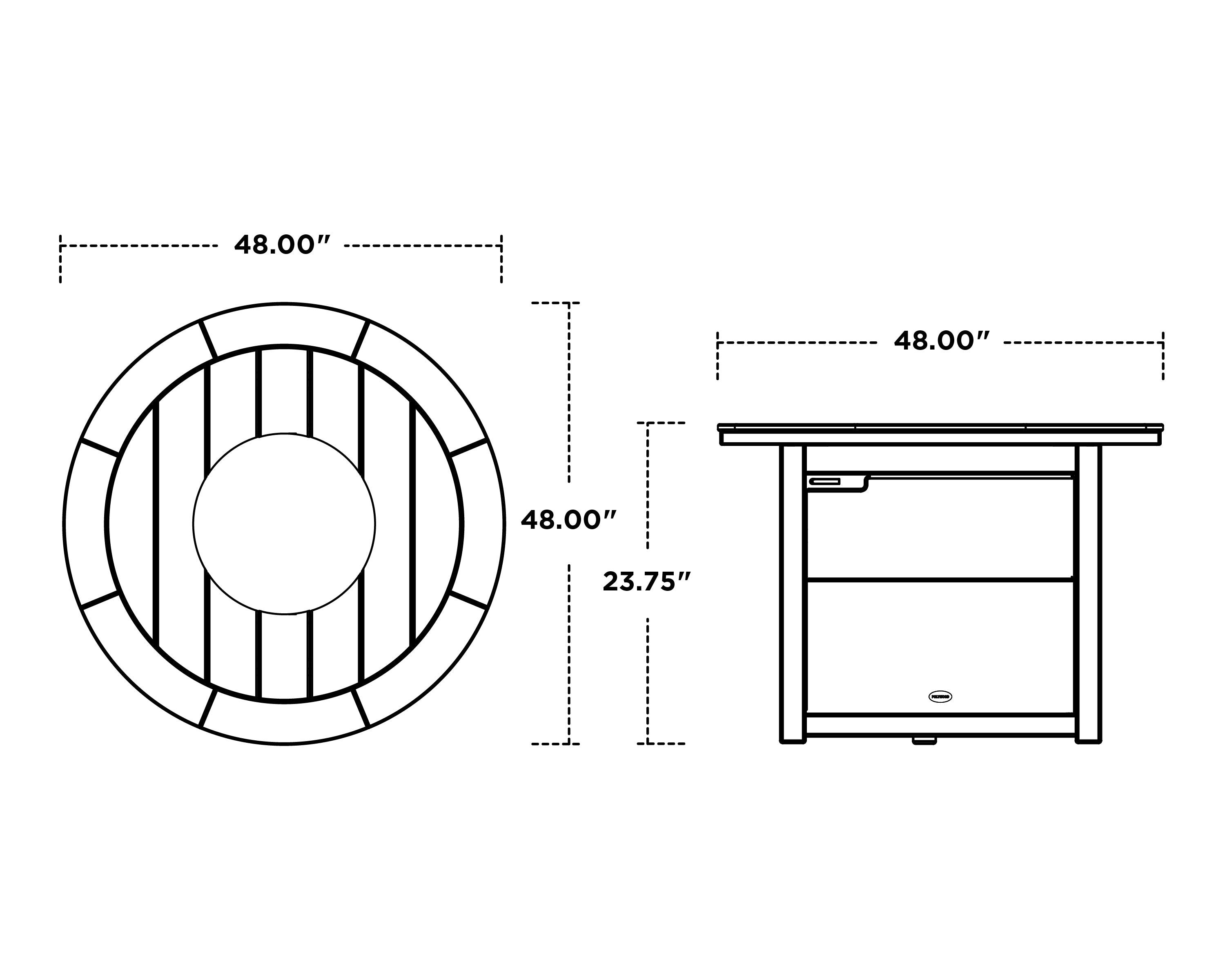 Technical drawing of a round outdoor table with dimensions