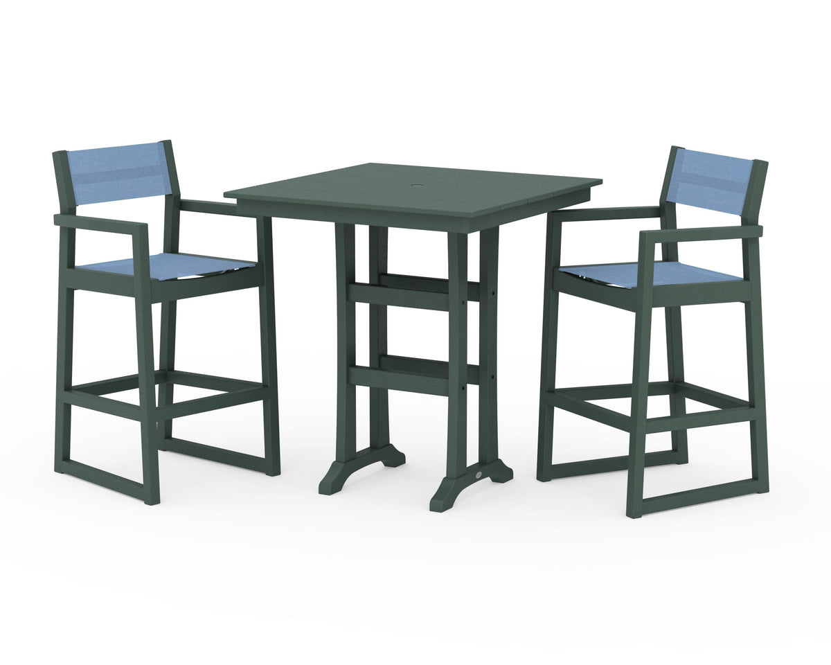 POLYWOOD EDGE Sling Arm Chair 3-Piece Farmhouse Bar Set with Trestle Legs in Green / Poolside