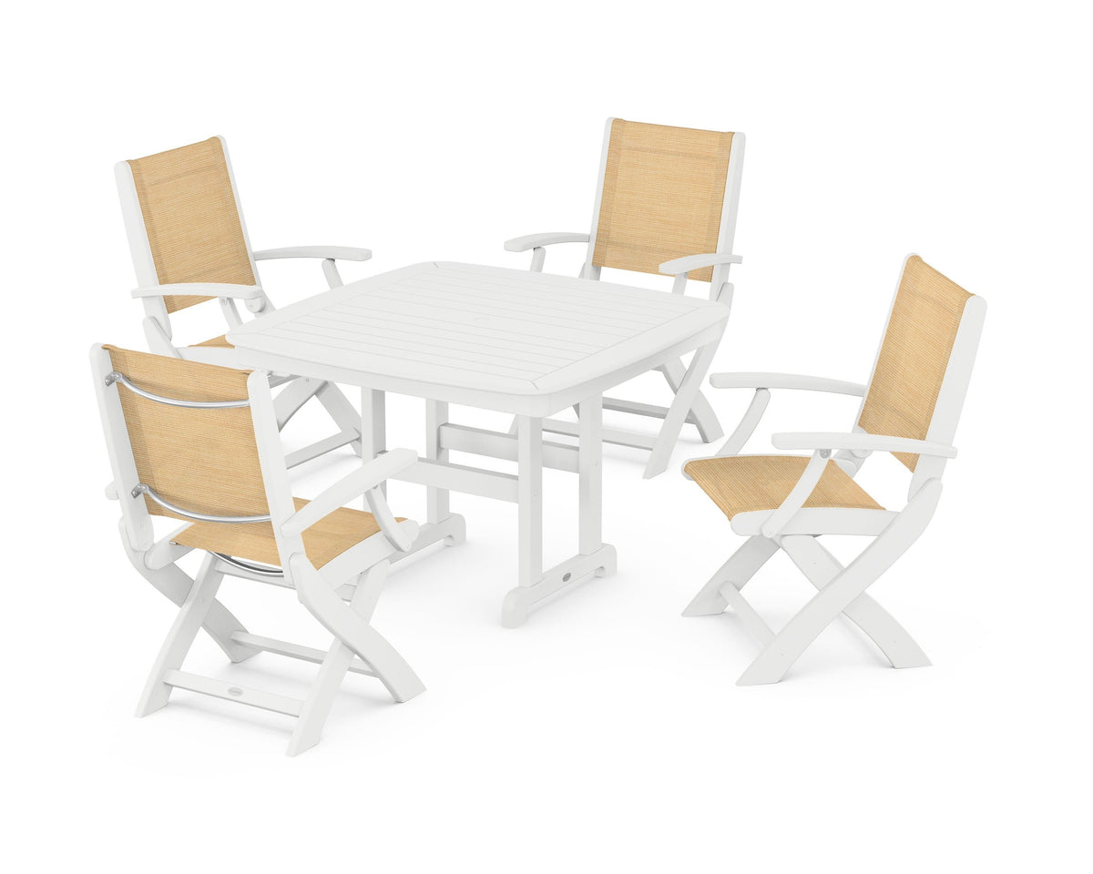 POLYWOOD Coastal Folding Chair 5-Piece Dining Set with Nautical 44" Dining Table in White / Dupioni Apricot