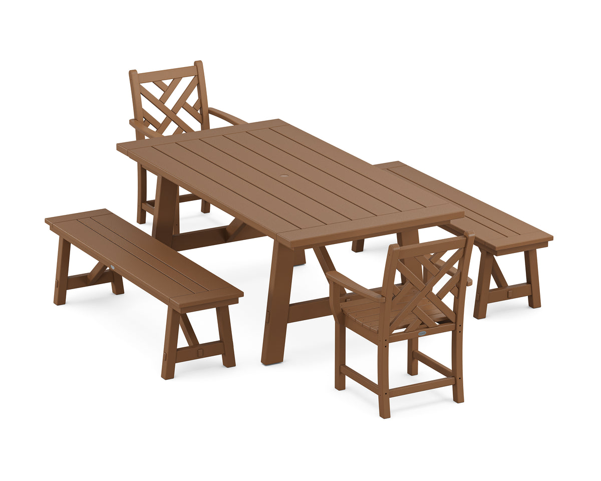 POLYWOOD Chippendale 5-Piece Rustic Farmhouse Dining Set with Benches in Teak