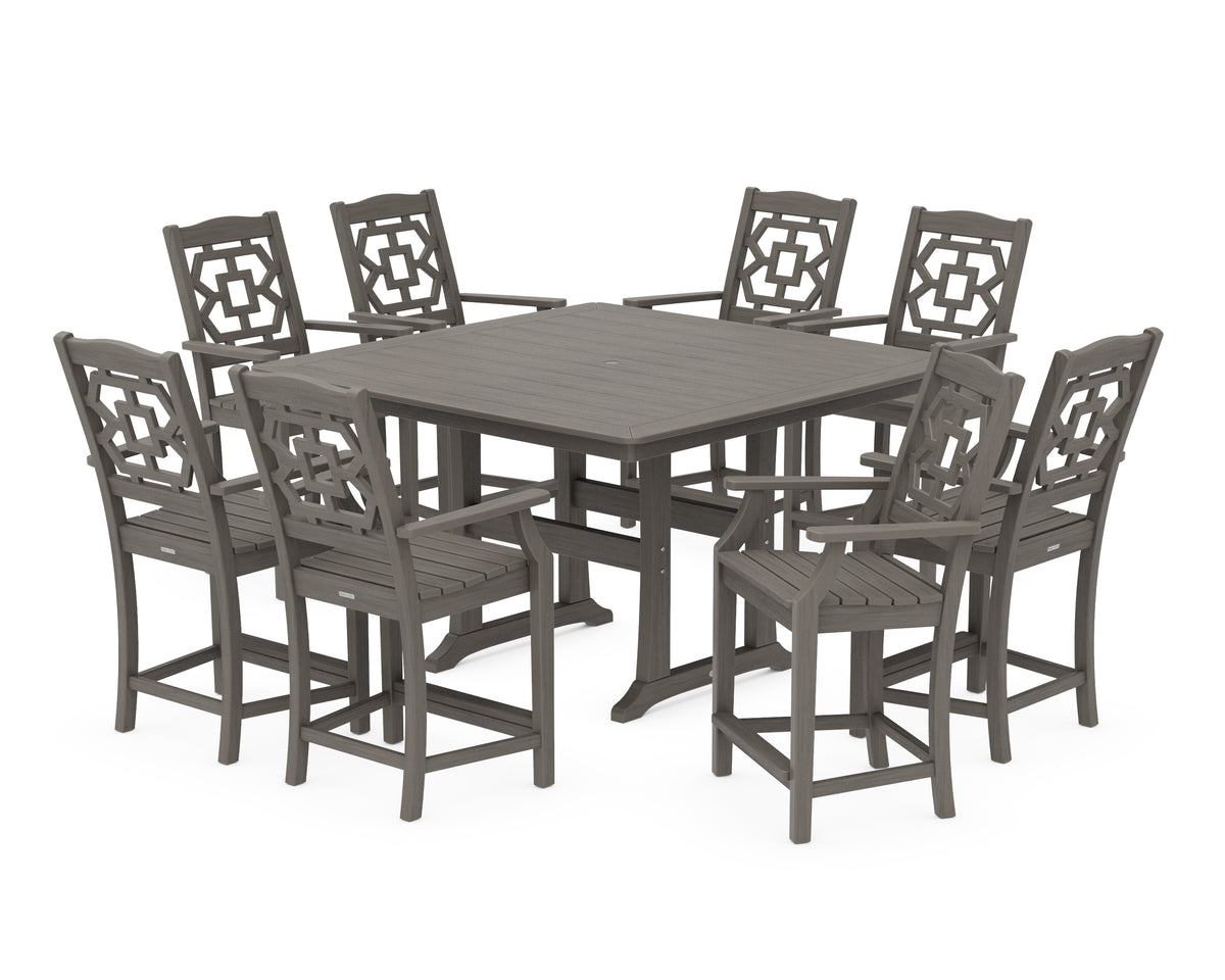 POLYWOOD Chinoiserie 9-Piece Square Counter Set with Trestle Legs in Driftwood