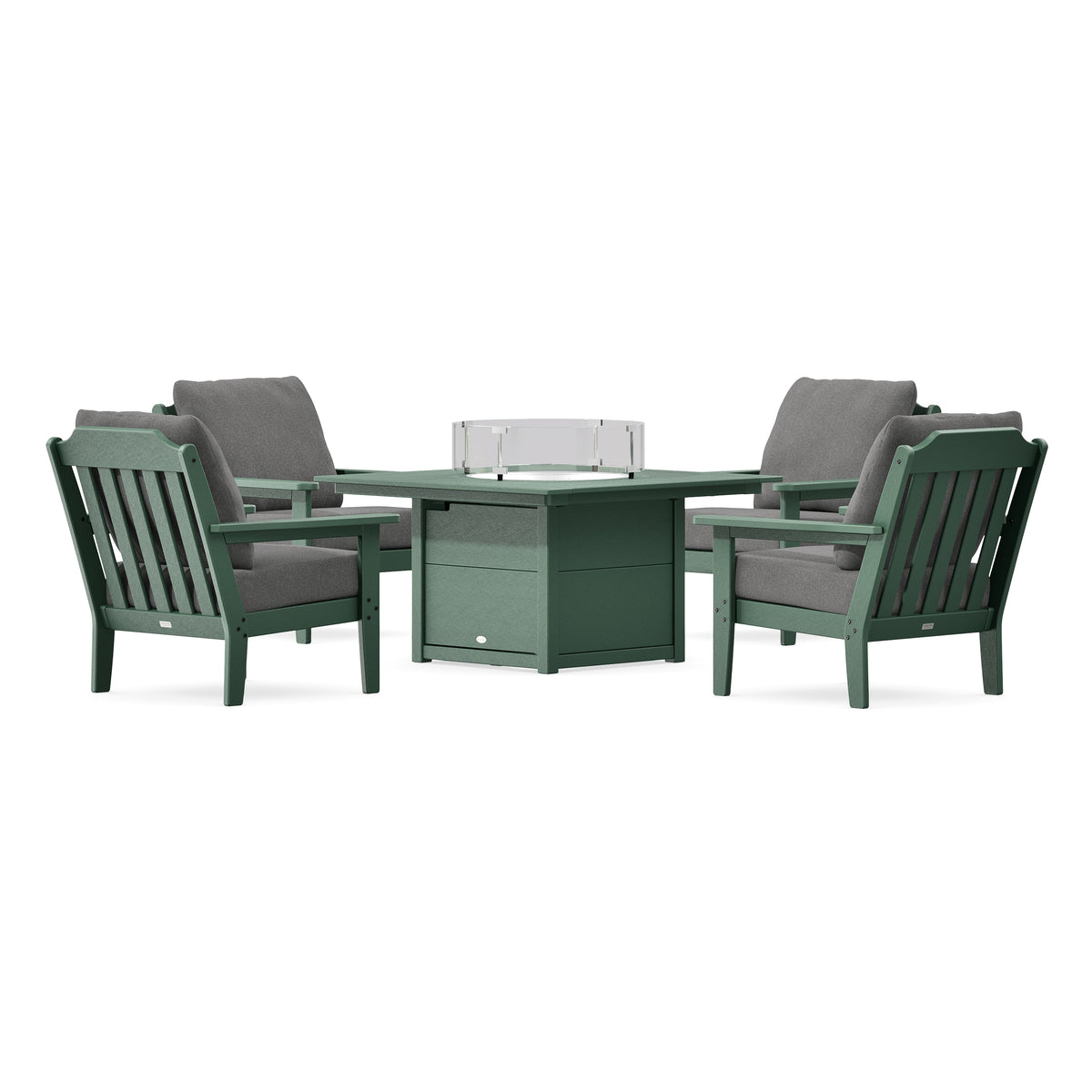 POLYWOOD Country Living Cottage 5-Piece Deep Seating Set with Fire Pit Table in Green