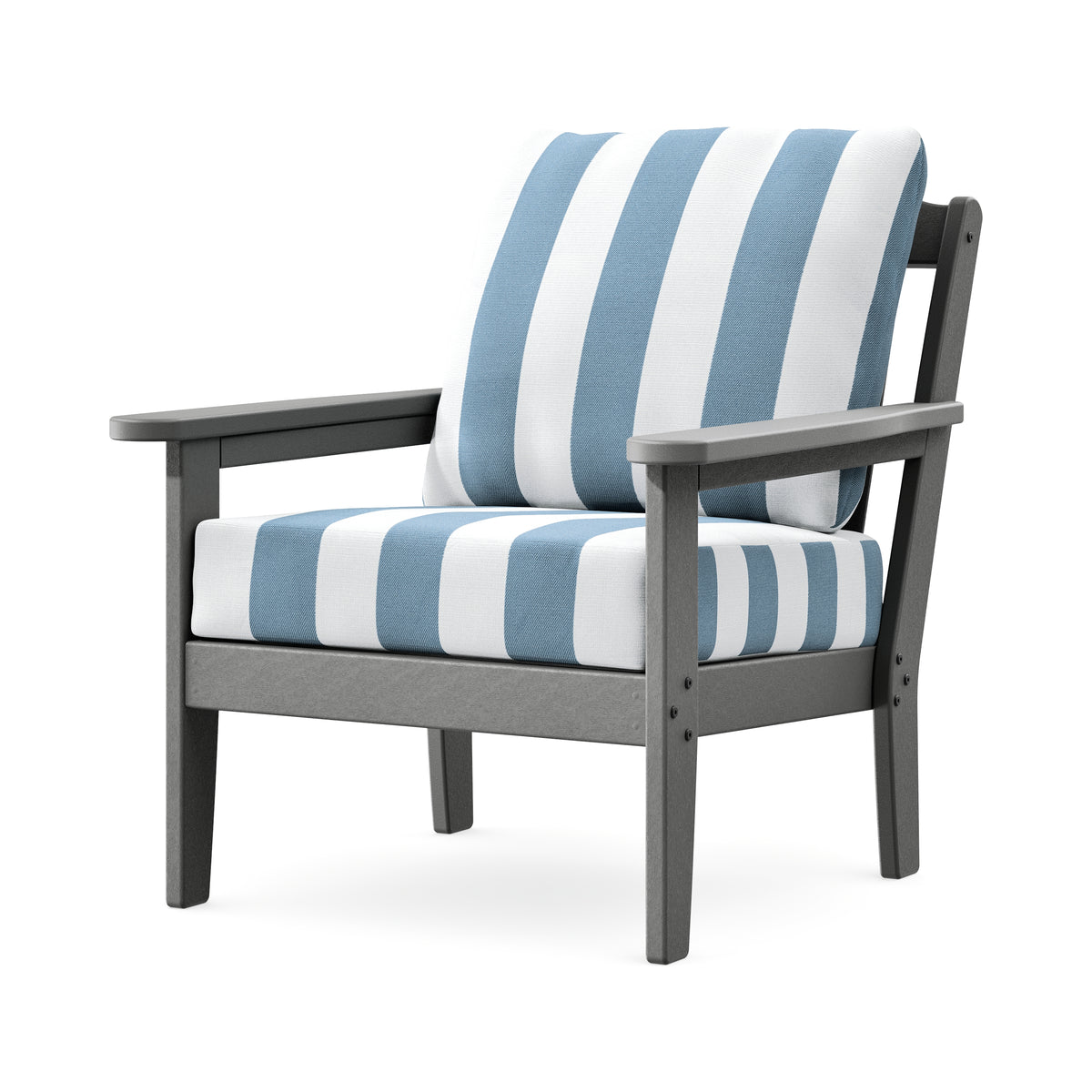 POLYWOOD Cottage Deep Seating Chair in Slate Grey / Cabana Stripe Sky Blue