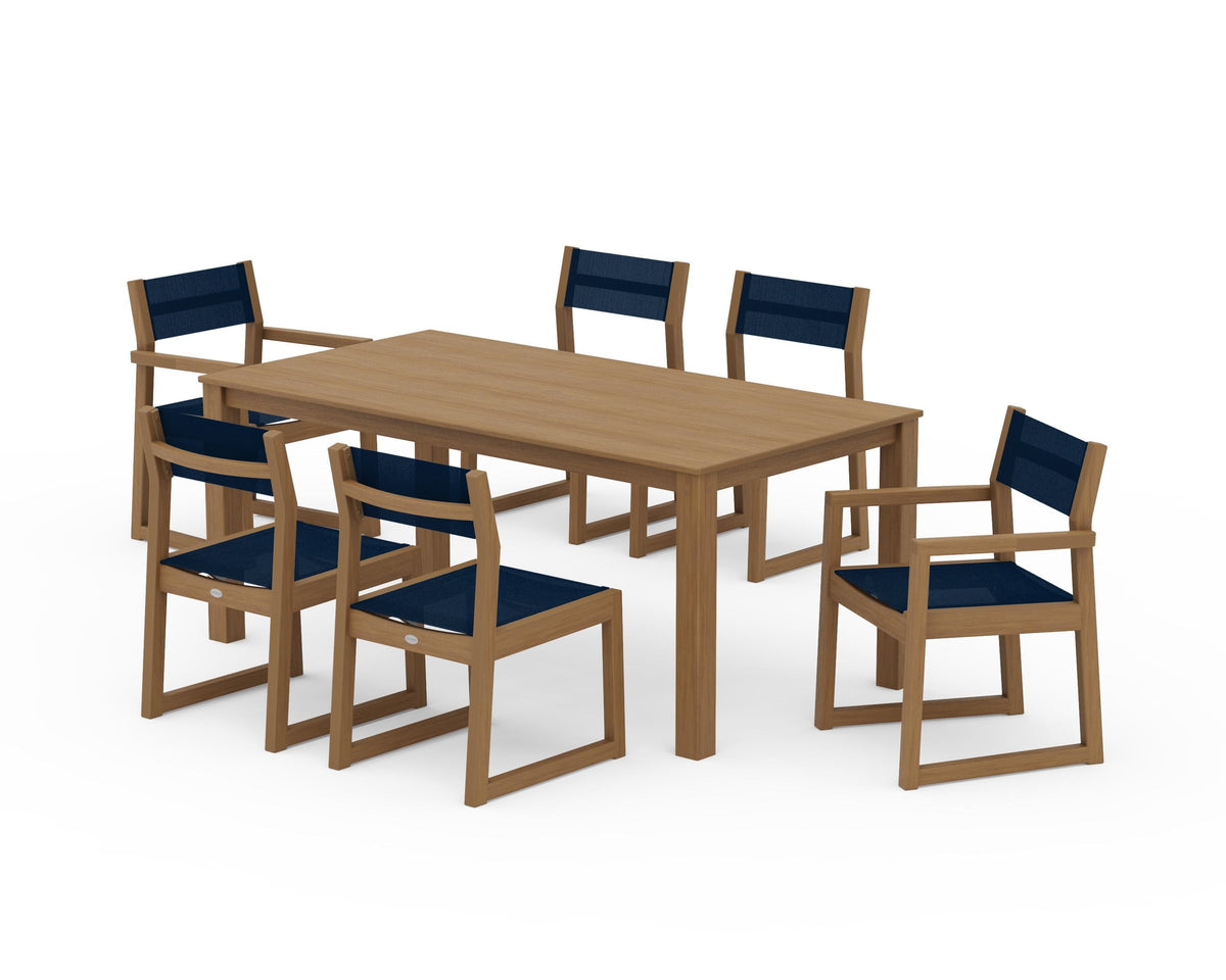 POLYWOOD EDGE Sling 7-Piece Parsons Dining Set in Natural / Navy Blue