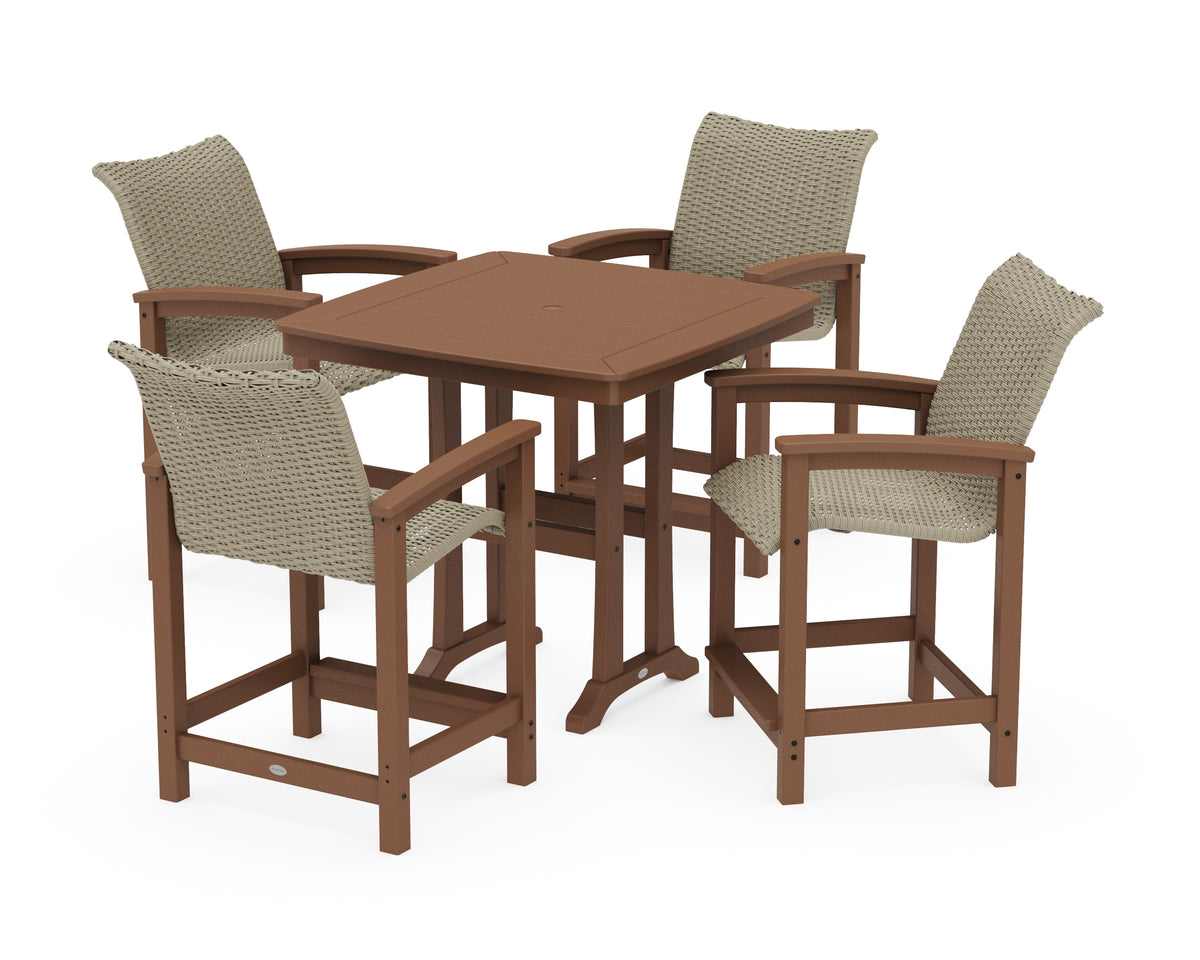 POLYWOOD Coastal Woven 5-Piece Counter Set with Trestle Legs in Teak / Dune Grass