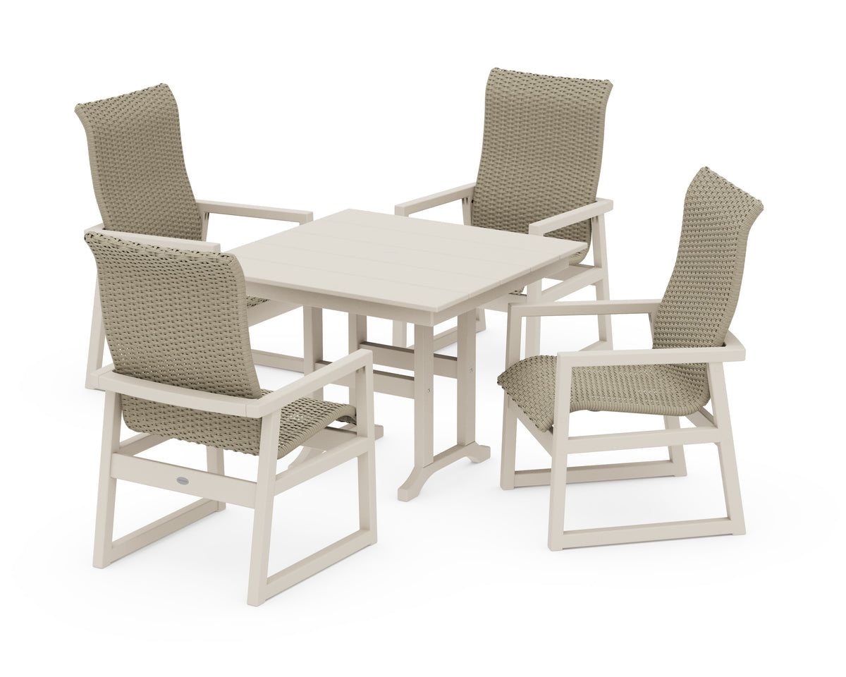POLYWOOD EDGE Woven High-Back 5-Piece Farmhouse Dining Set in Sand / Dune Grass
