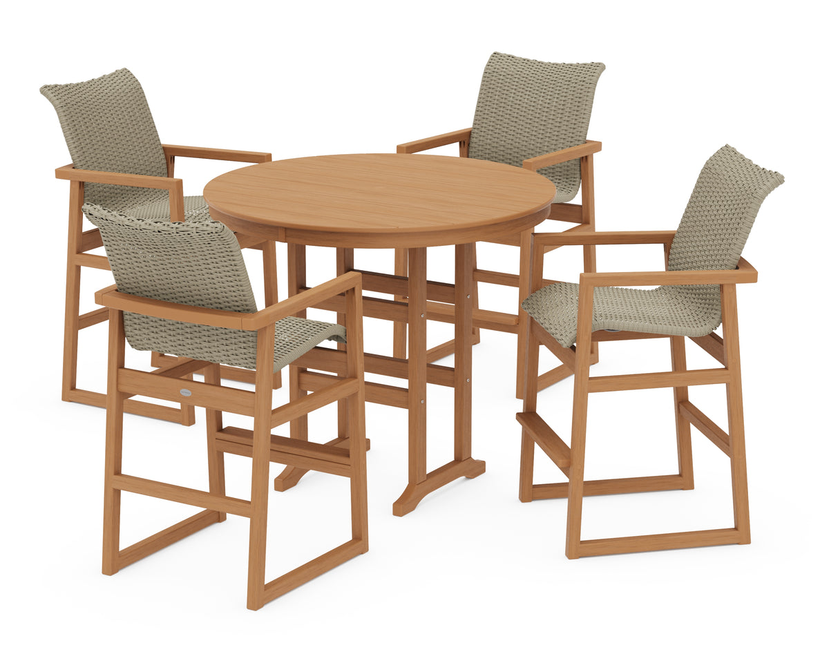 POLYWOOD EDGE Woven 5-Piece Round Farmhouse Bar Set in Natural / Dune Grass