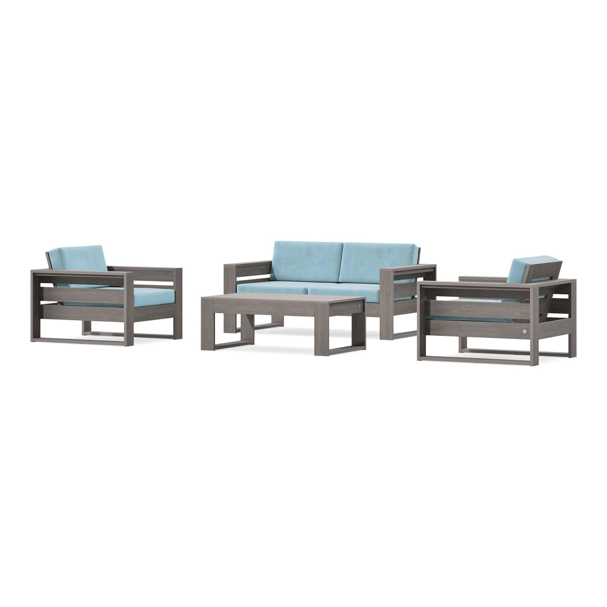 POLYWOOD PW Designer Series Latitude 4-Piece Lounge Loveseat Set in Driftwood / Lattice Sky Blue