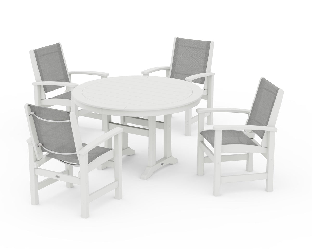 POLYWOOD Coastal 5-Piece Round Dining Set with Trestle Legs in Vintage White / Metallic