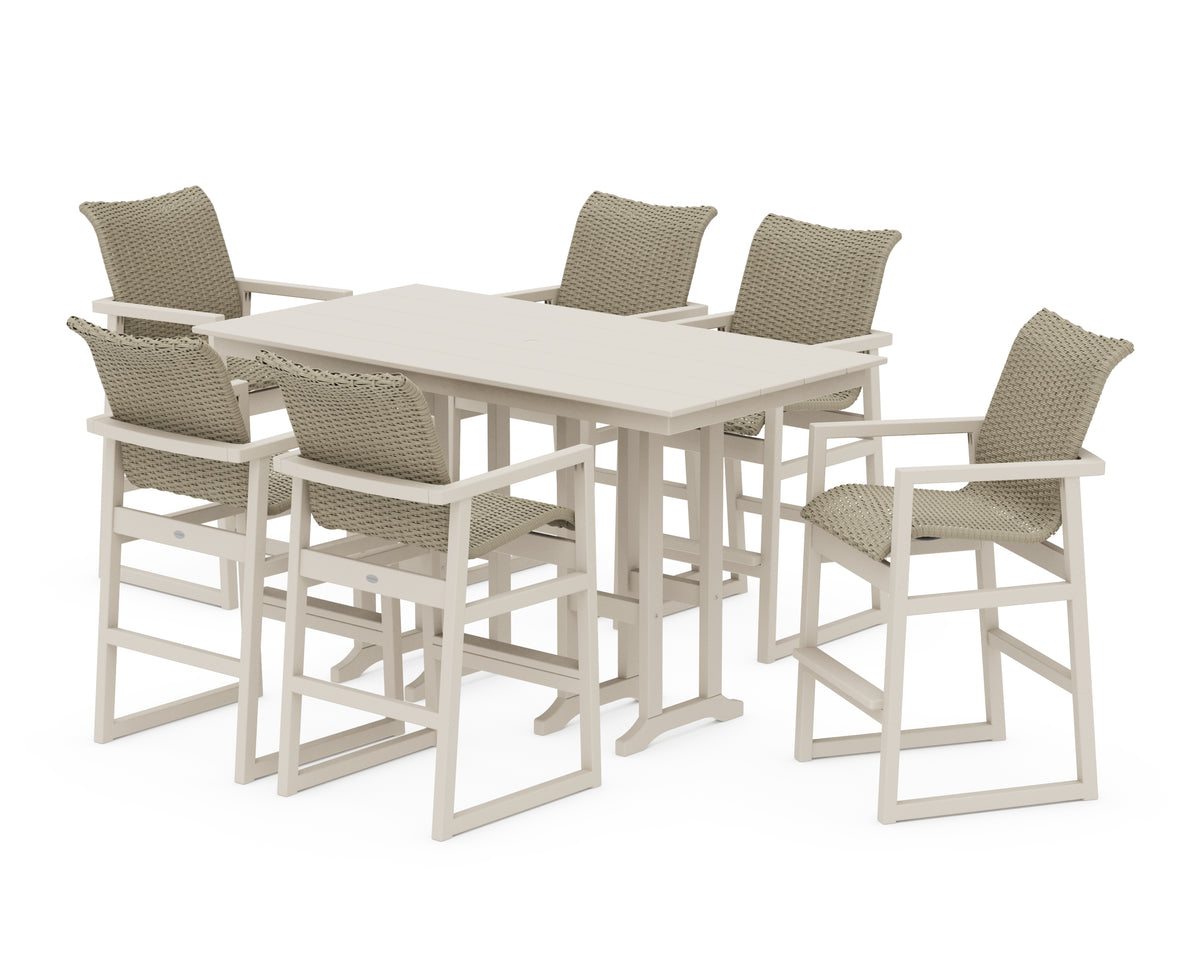 POLYWOOD EDGE Woven Arm Chair 7-Piece Farmhouse Bar Set in Sand / Dune Grass