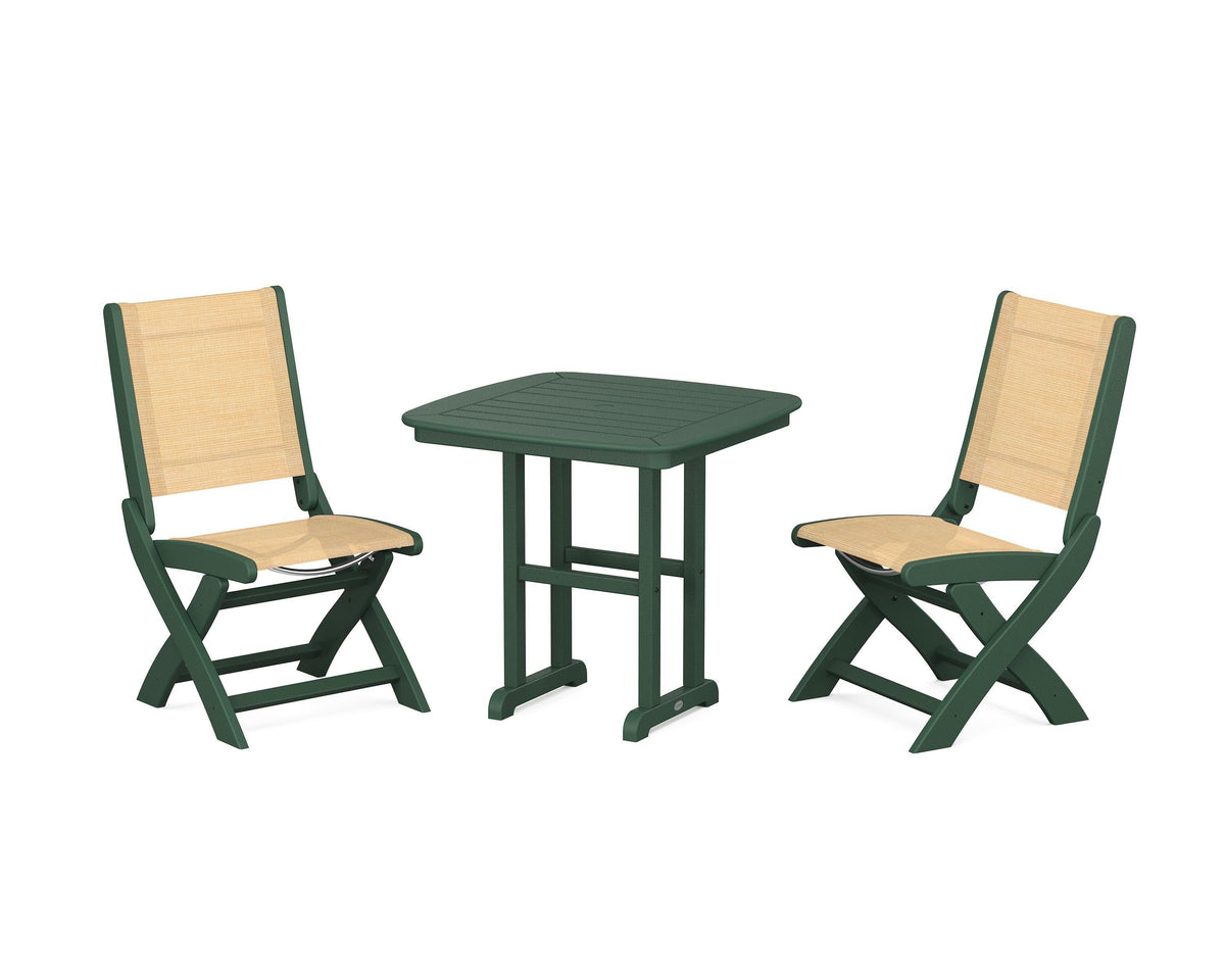 POLYWOOD Coastal Folding Side Chair 3-Piece Dining Set in Green / Dupioni Apricot