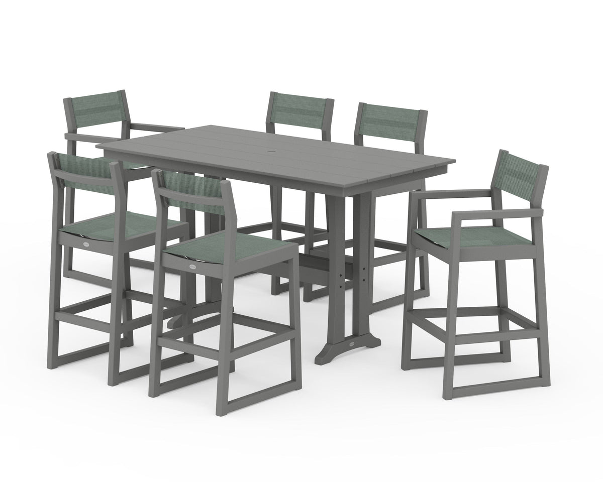 POLYWOOD EDGE Sling 7-Piece Farmhouse Bar Set with Trestle Legs in Slate Grey / Dupioni Sea Mist