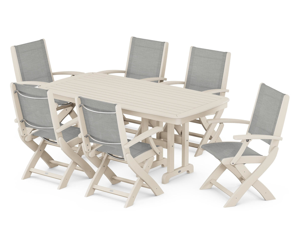 POLYWOOD Coastal Folding Arm Chair 7-Piece Dining Set in Sand / Metallic