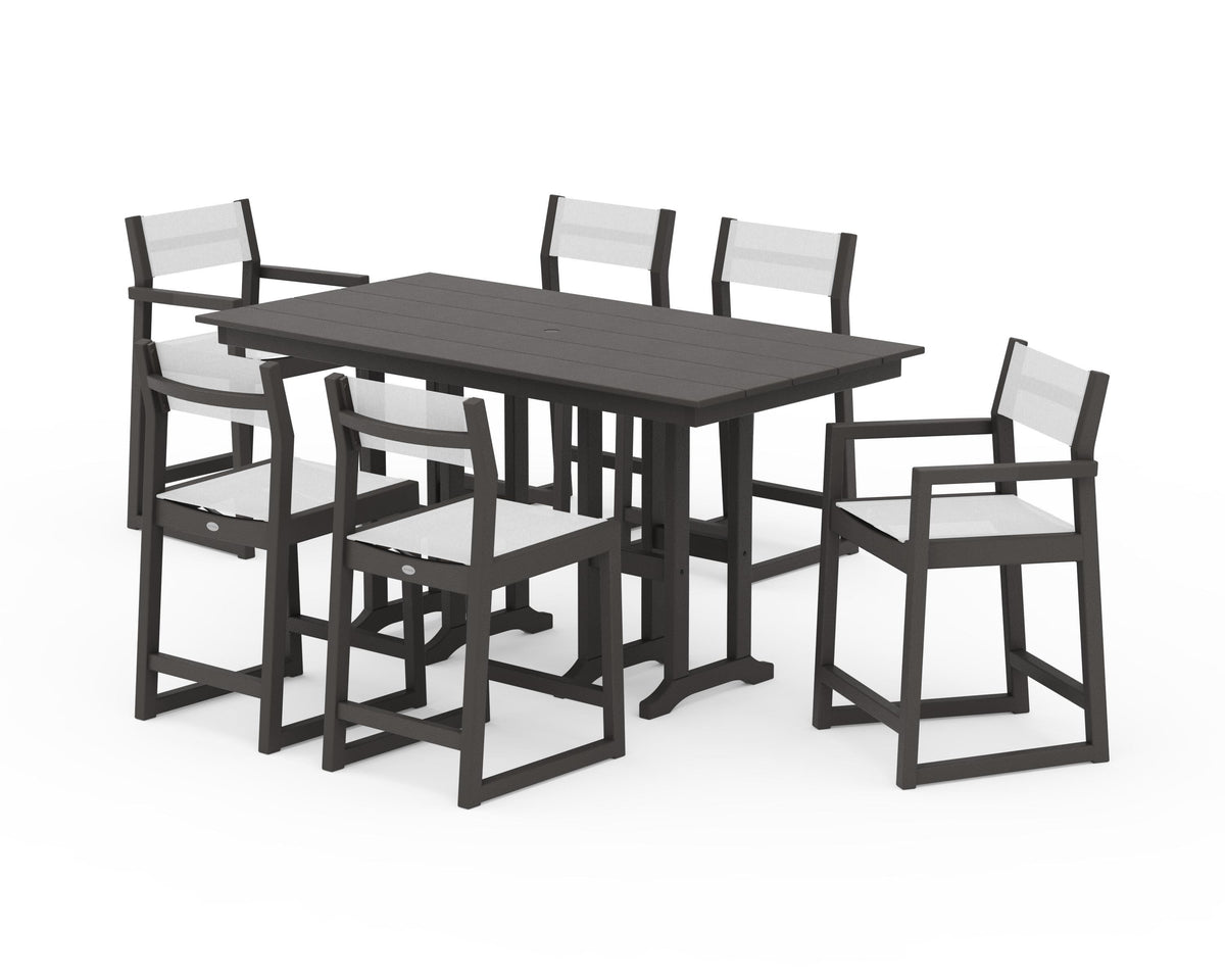 POLYWOOD EDGE Sling 7-Piece Farmhouse Counter Set with Trestle Legs in Vintage Coffee / White
