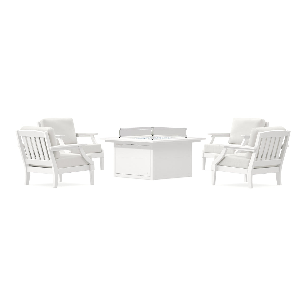 POLYWOOD PW Designer Series Estate 5-Piece Lounge Fire Table Set in Vintage White / Natural Linen