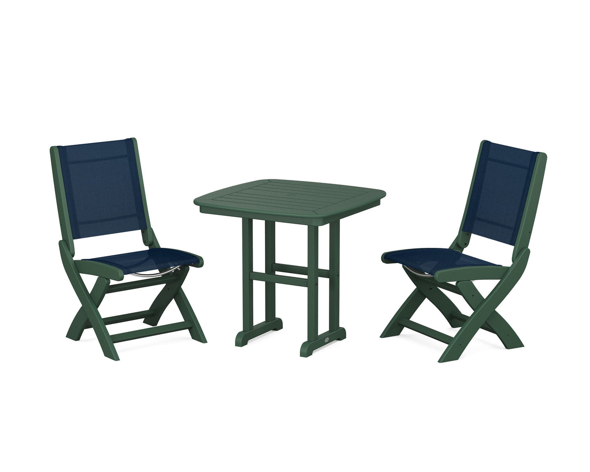 POLYWOOD Coastal Folding Side Chair 3-Piece Dining Set in Green / Navy Blue