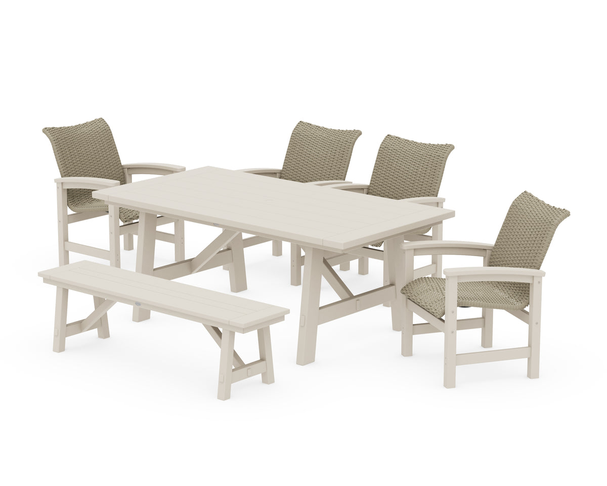 POLYWOOD Coastal Woven 6-Piece Rustic Farmhouse Dining Set with Bench in Sand / Dune Grass