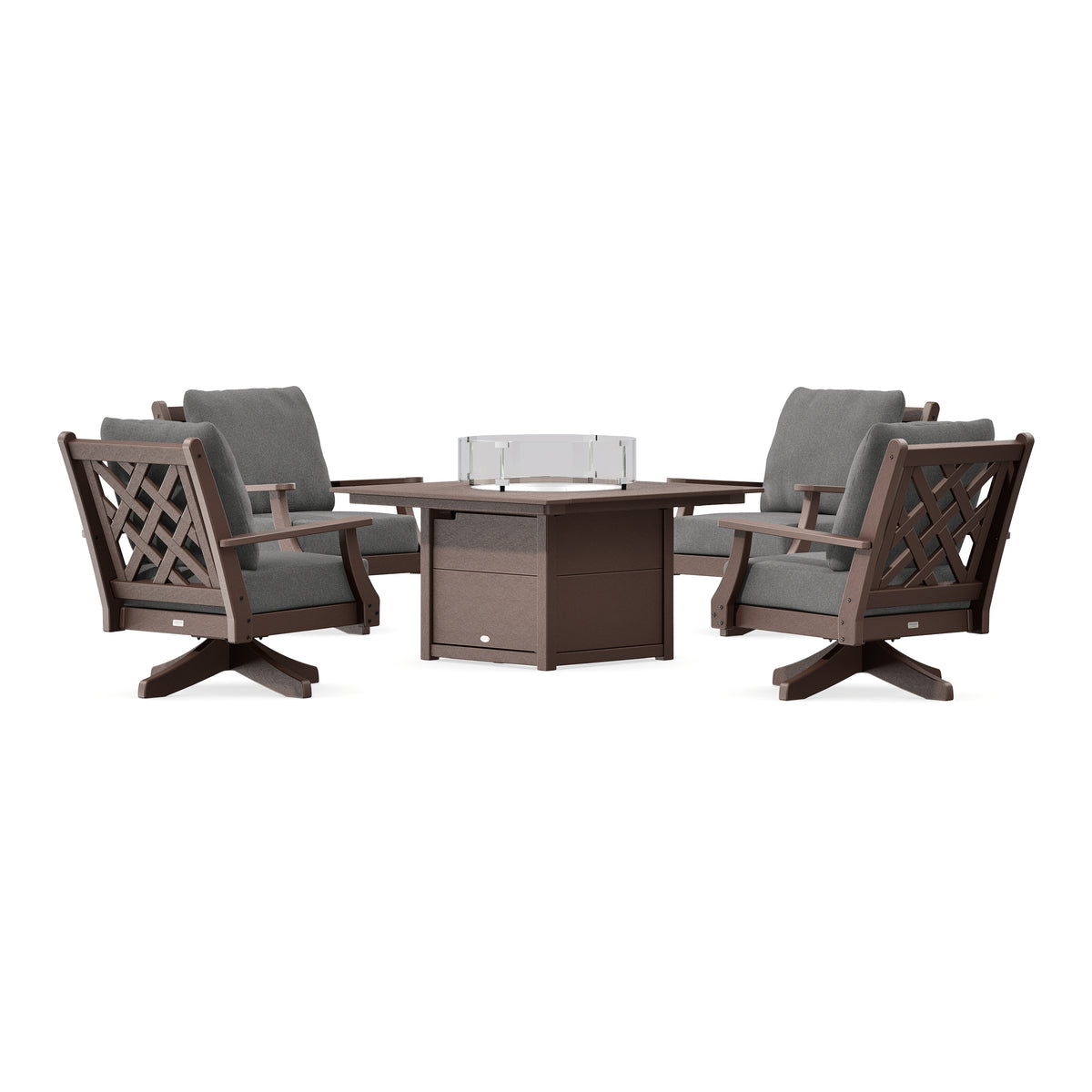 POLYWOOD Country Living Wovendale 5-Piece Deep Seating Swivel Conversation Set with Fire Pit Table in Mahogany