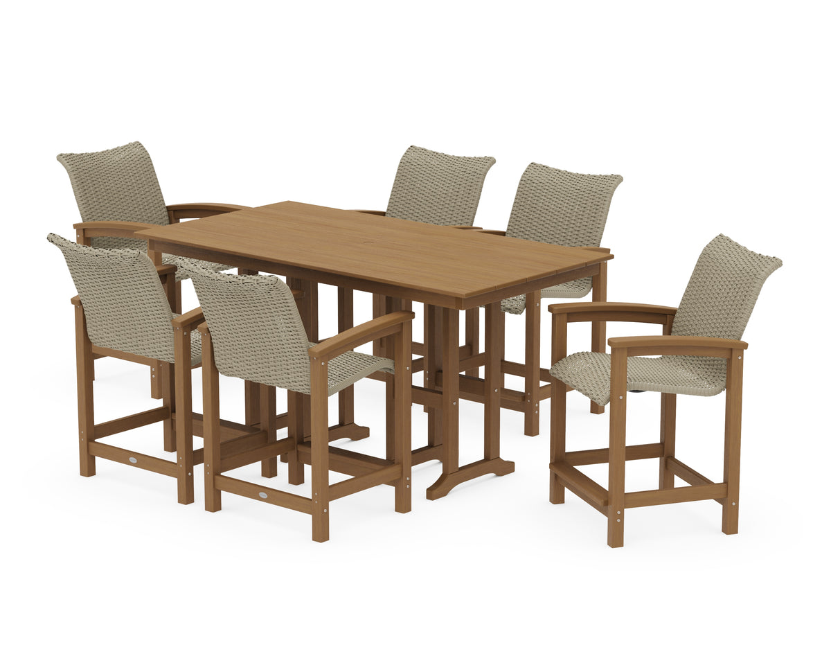 POLYWOOD Coastal Woven Arm Chair 7-Piece Farmhouse Counter Set in Natural / Dune Grass
