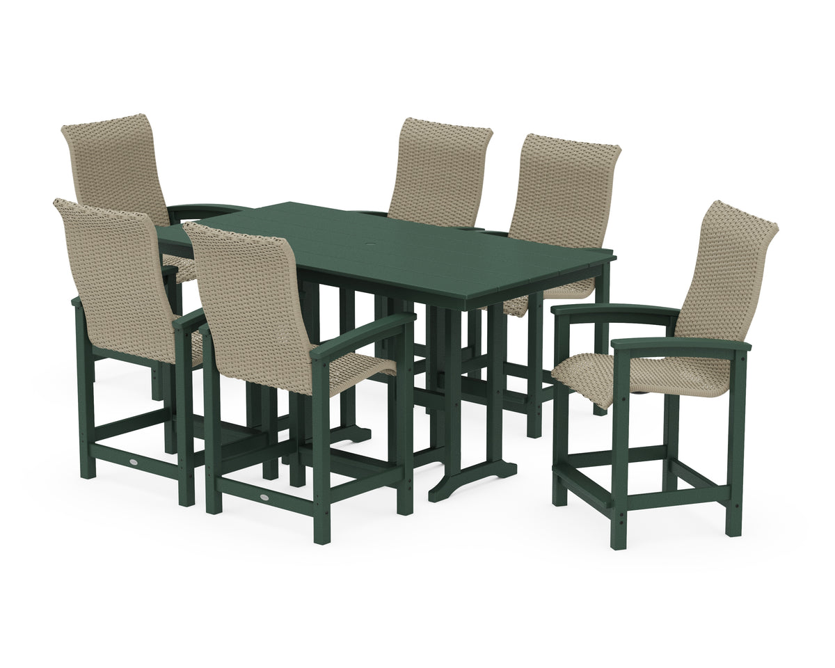 POLYWOOD Coastal Woven High-Back Arm Chair 7-Piece Farmhouse Counter Set in Green / Dune Grass