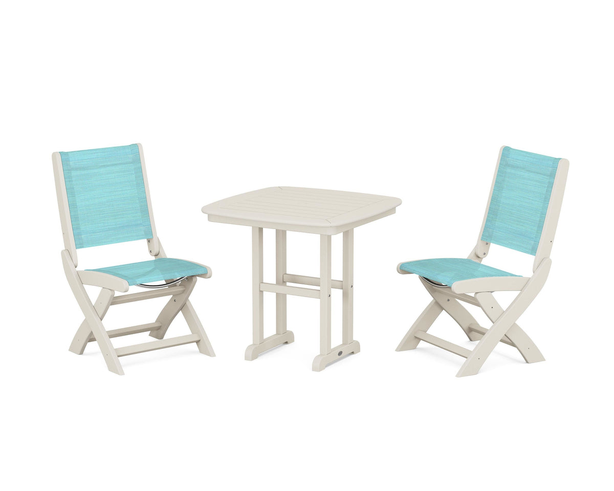 POLYWOOD Coastal Folding Side Chair 3-Piece Dining Set in Sand / Dupioni Aquamarine