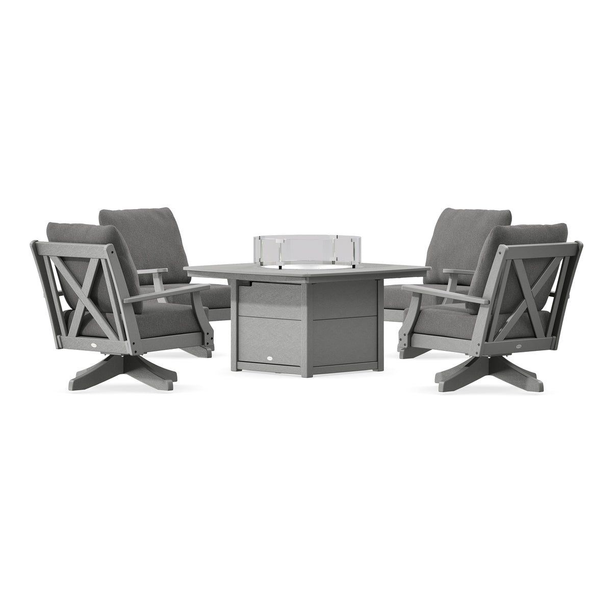 POLYWOOD Braxton 5-Piece Deep Seating Swivel Conversation Set with Fire Pit Table in Slate Grey