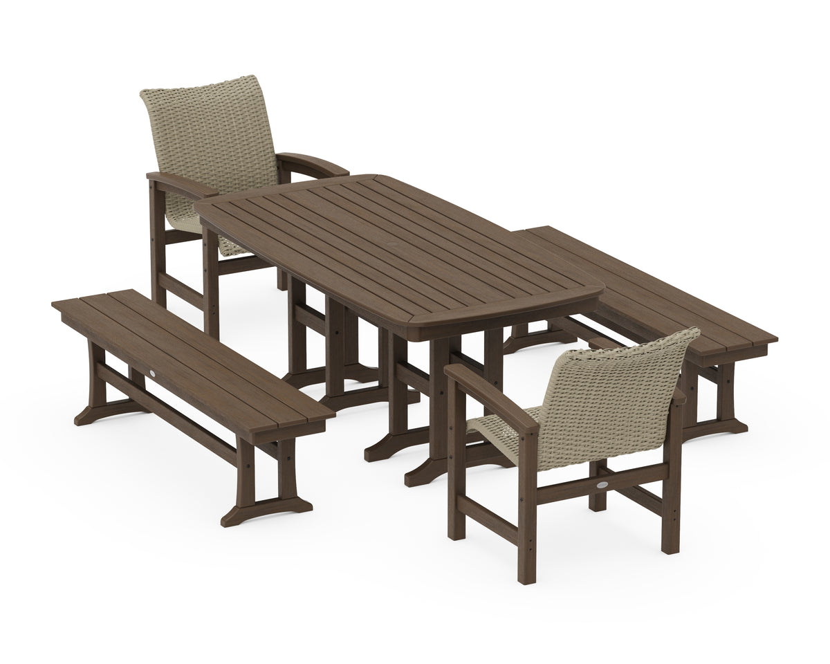 POLYWOOD Coastal Woven 5-Piece Dining Set with Benches in Kona / Dune Grass