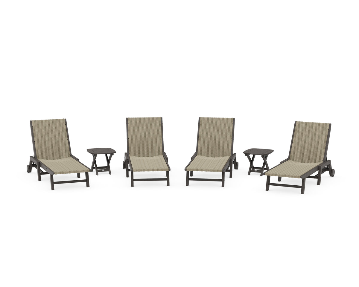 POLYWOOD 6-Piece Coastal Woven Chaise with Wheels Lounge Set in Vintage Coffee / Dune Grass