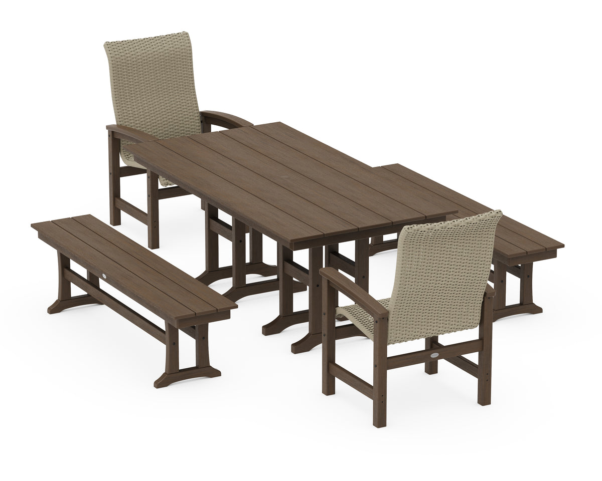 POLYWOOD Coastal Woven High-Back 5-Piece Farmhouse Dining Set with Benches in Kona / Dune Grass