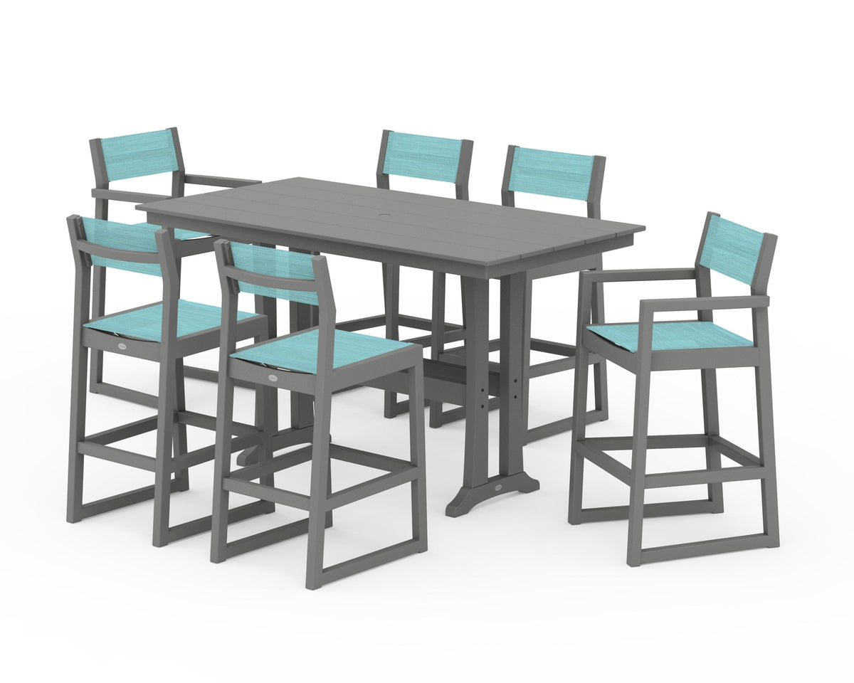 POLYWOOD EDGE Sling 7-Piece Farmhouse Bar Set with Trestle Legs in Slate Grey / Dupioni Aquamarine