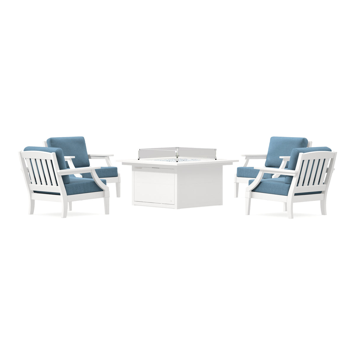 POLYWOOD PW Designer Series Estate 5-Piece Lounge Fire Table Set in Vintage White / Sky Blue