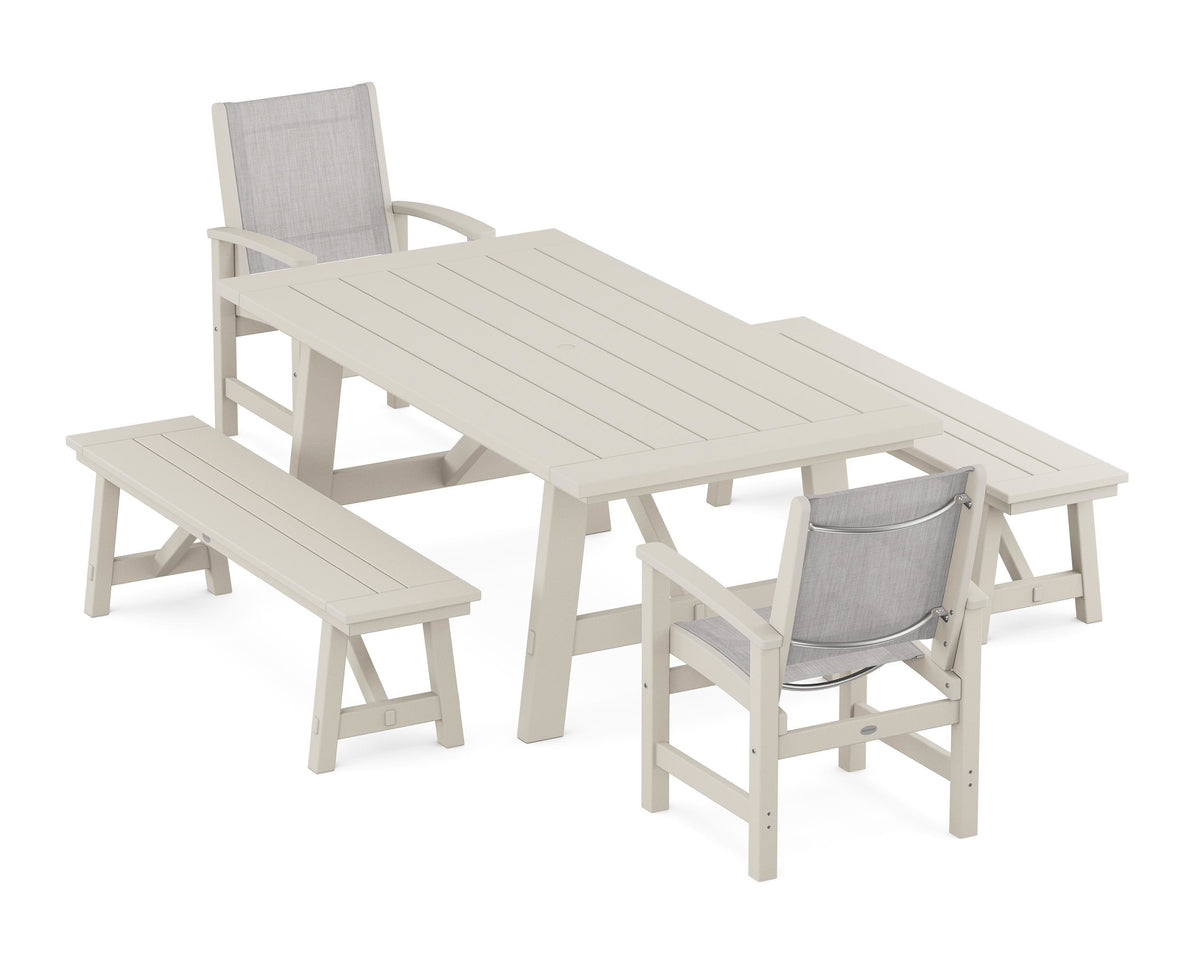 POLYWOOD Coastal 5-Piece Rustic Farmhouse Dining Set With Benches in Sand / Parchment