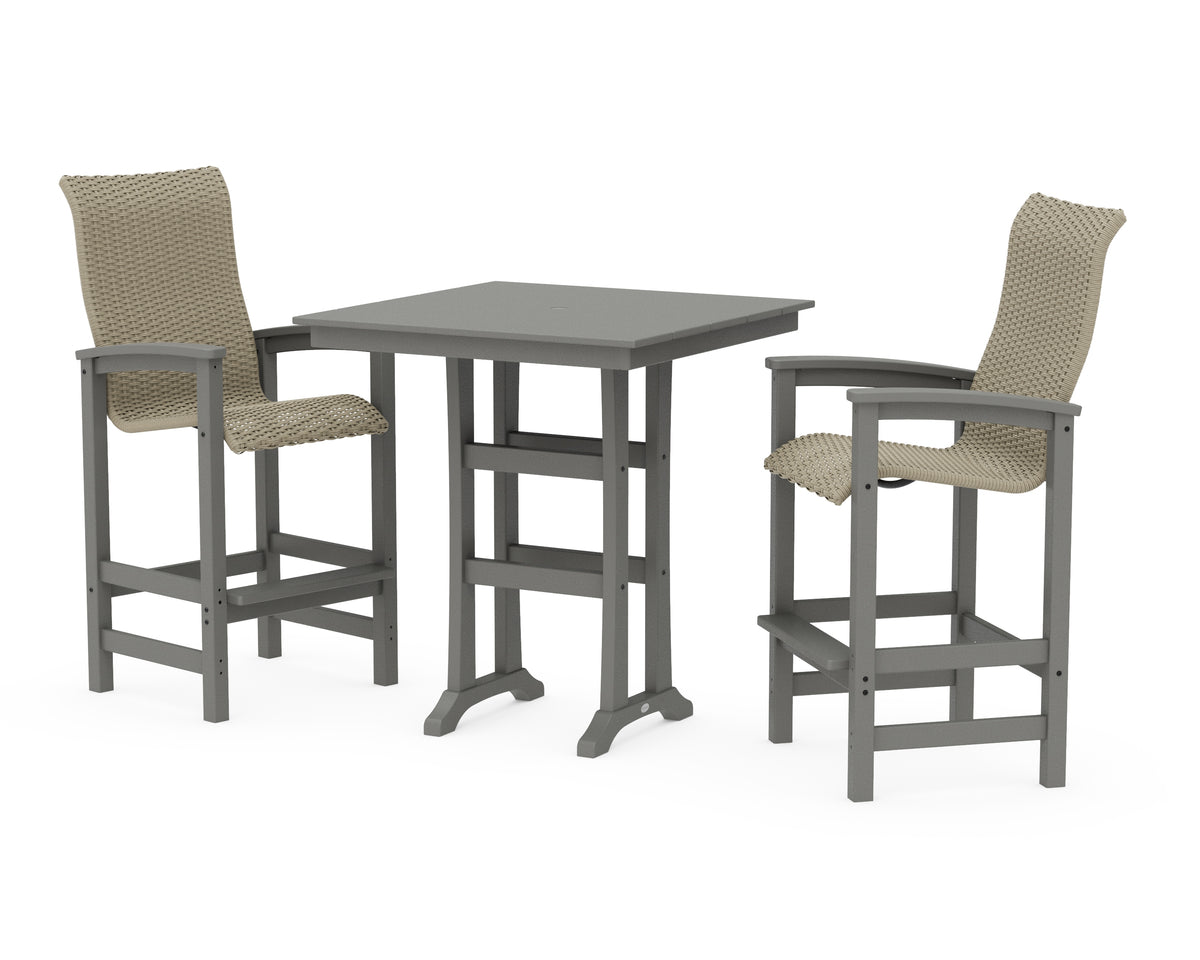 POLYWOOD Coastal Woven High-Back 3-Piece Farmhouse Bar Set with Trestle Legs in Slate Grey / Dune Grass